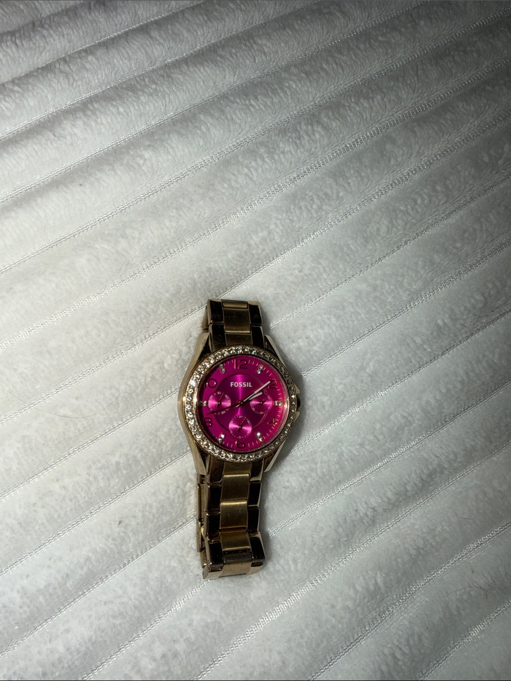 Fossil Rose Gold Bracelet Watch with Hot Pink Dial and Crystal Bezel